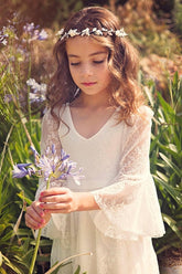 Long A-line Lace V-neck Floor Length Flower Girl Dress with Sleeves